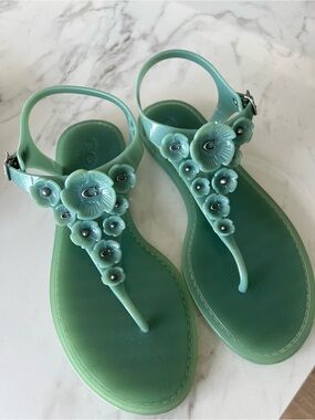 Coach Women's Mint Green Floral T-Strap Sandals
